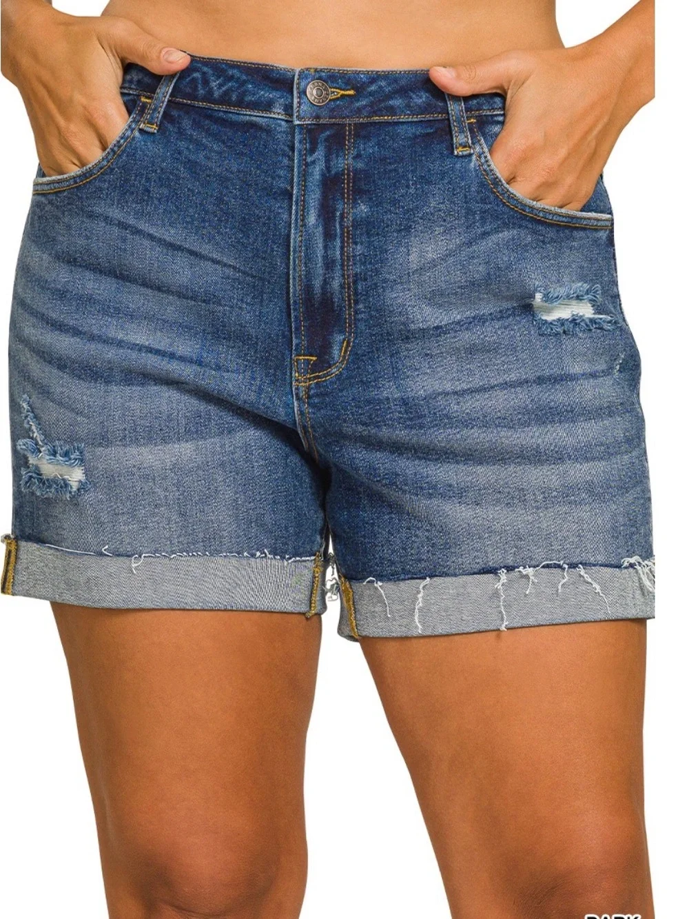 Classic Blue Distressed Denim Shorts DISTRESSED CUFFED RAW HEM DENIM SHORTS